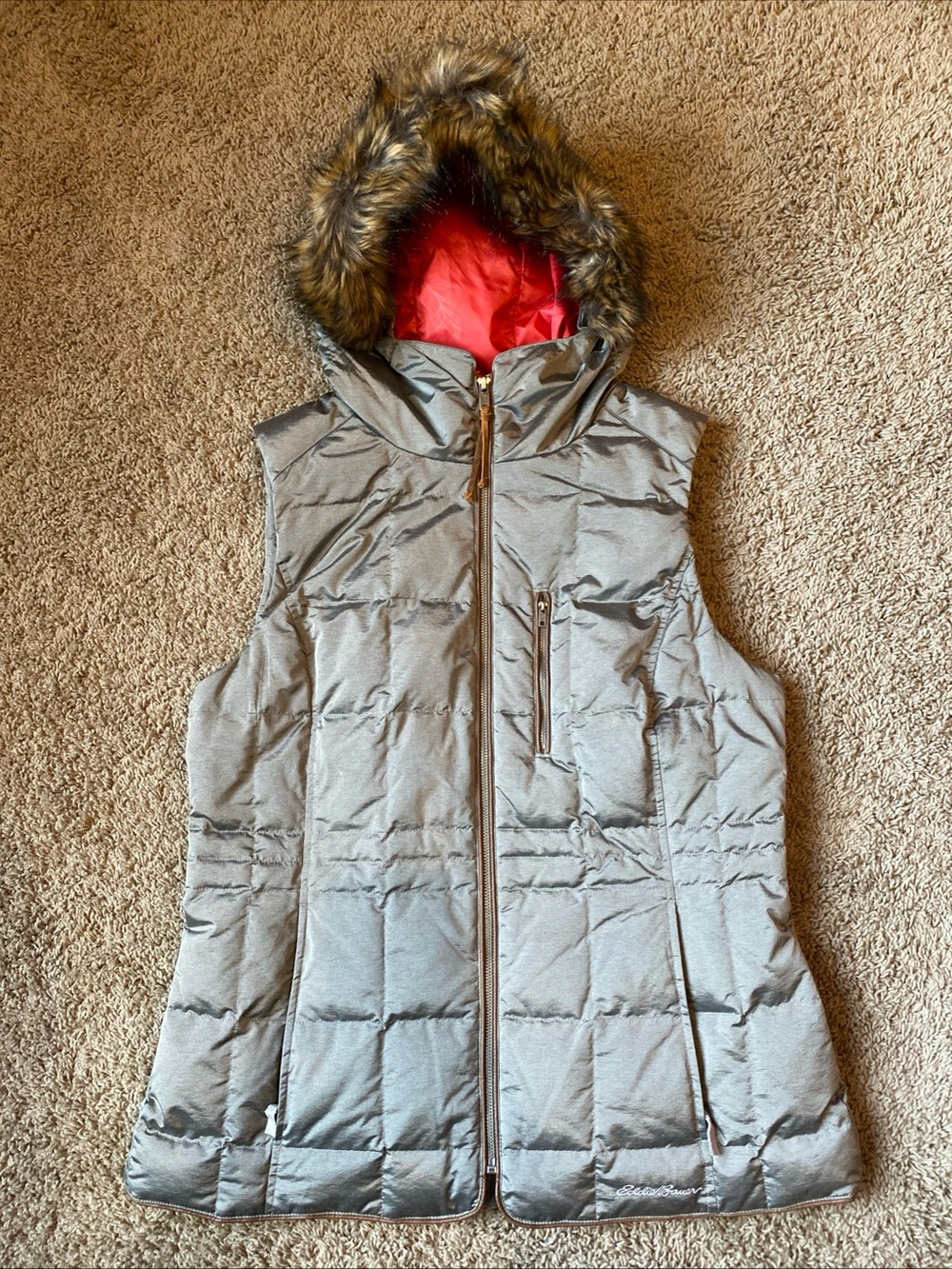 Eddie Bauer Down Puffer Vest Womens L Green Full Zip Faux Fur Hood Outdoor Gorp